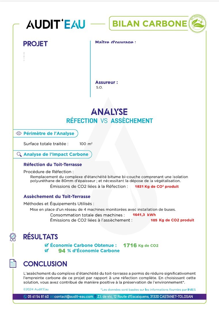 Exemple de bilan carbone Audit'Eau comparant réfection et assèchement d'une toiture-terrasse — 94 % d'économie carbone.